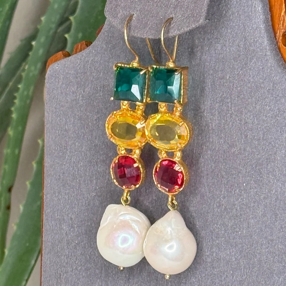Clara Nicolaides Multicolor Gem Earrings Baroque Pearl Drop Gold Designer - Picture 2 of 5